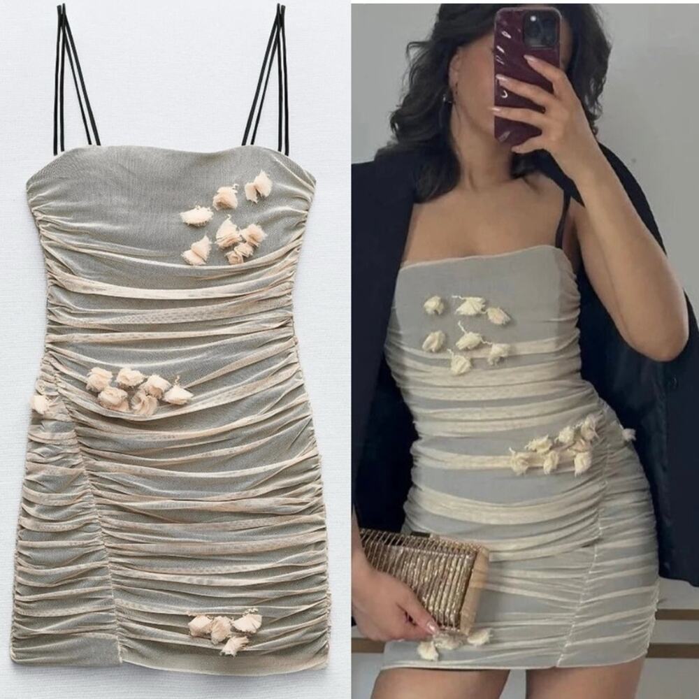 Zara Double Strap Beige Tulle Dress with Floral‎ Accents Small